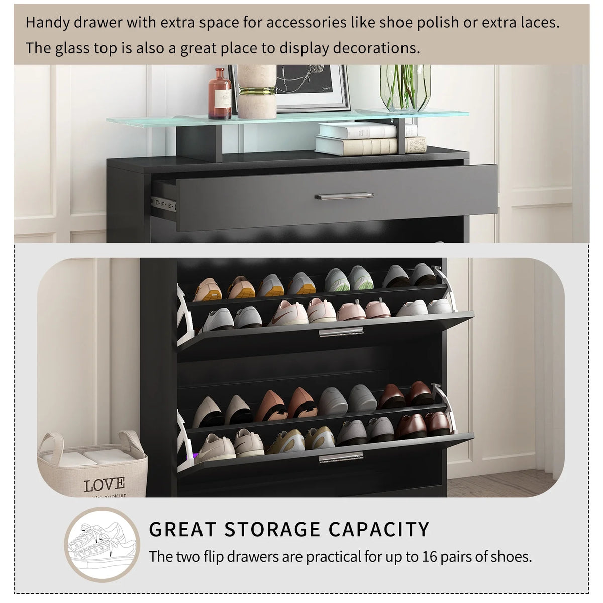Black Slim Entryway Organizer with 2 Flip Drawers N8701