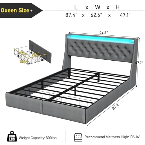 Queen Size Metal Platform Bed Frame with Storage Headboard and 4 Drawer S5785