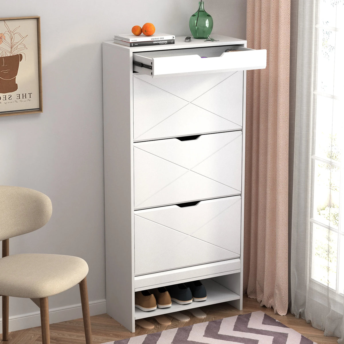 White 3 Flip Drawer Shoe Cabinet M59287