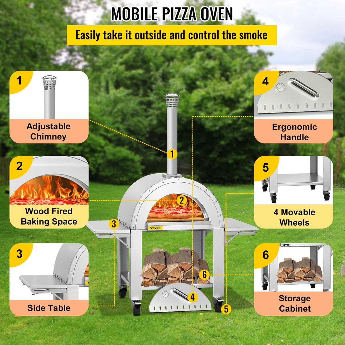 Wood Fired Outdoor Pizza Oven with Wheels O698462