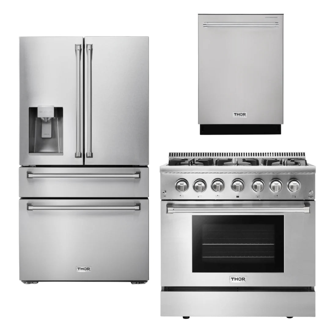 36 Propane Dual Fuel Range, Dishwasher, Refrigerator with Water and Ice Dispenser M340765