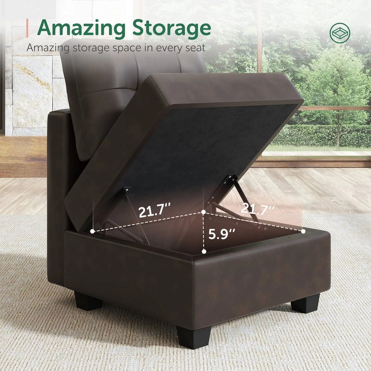 Brown Faux Leather L-Shaped Sectional Sofa with Storage M128119