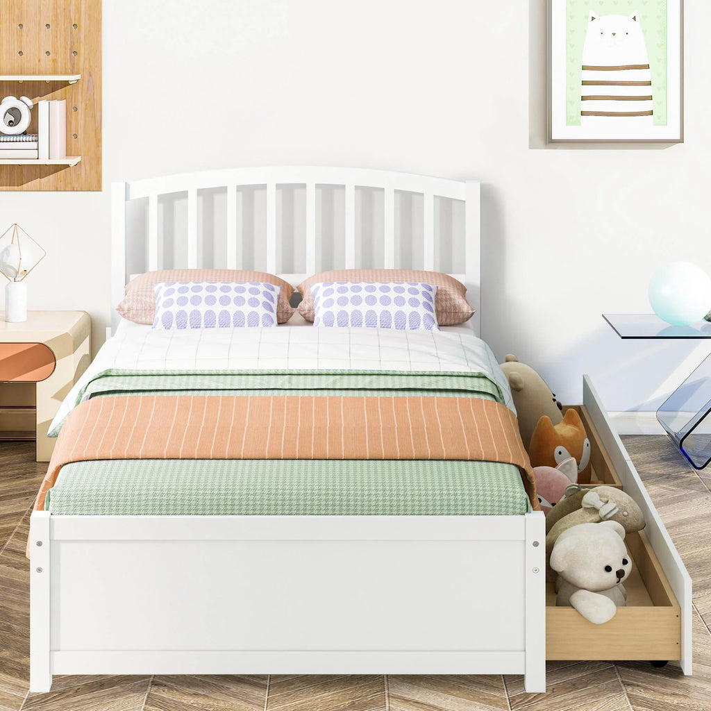 White Wood Twin Size Platform Bed with 2 Drawers F17633