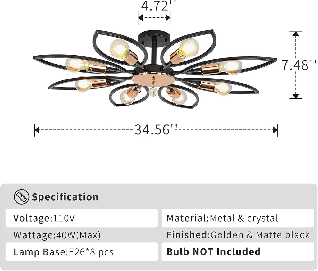 Black 8 Lights Semi Flush Mount Ceiling Light E545