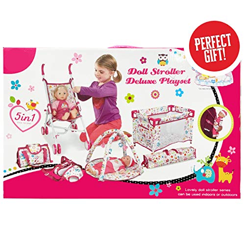 5-in-1 Baby Doll Stroller Nursery Playset with Play Mat, Playard, Carrier, and Travel Bag T925900