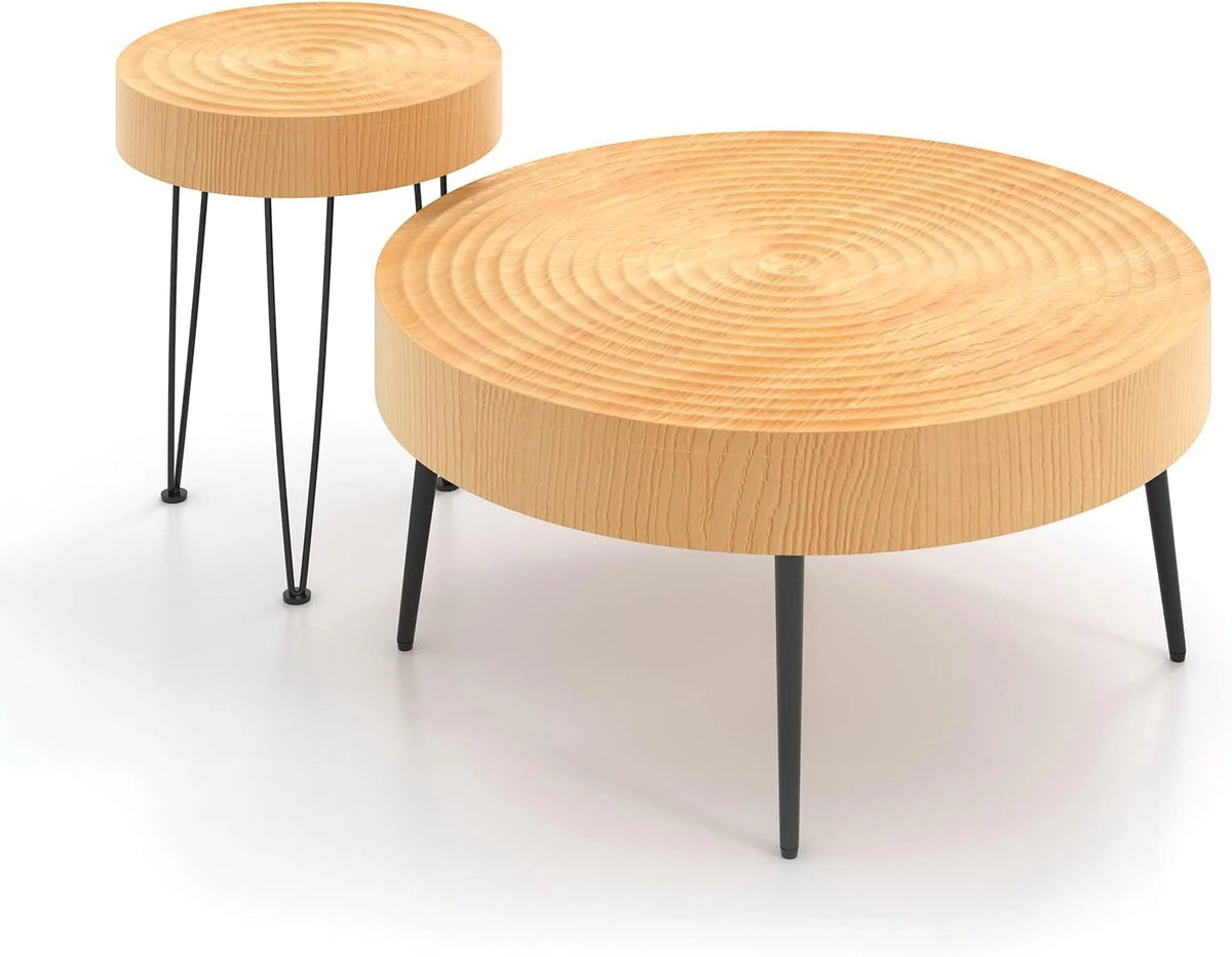 Round Coffee Table Set of 2 Wood Nesting Side Tables with Metal Legs X3631
