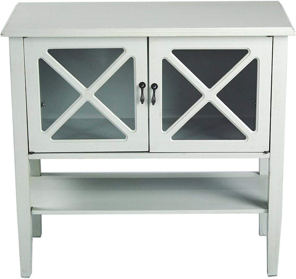2 Door Accent Console Cabinet with X Pane Glass Insert and Bottom Shelf Seafoam Green W5662