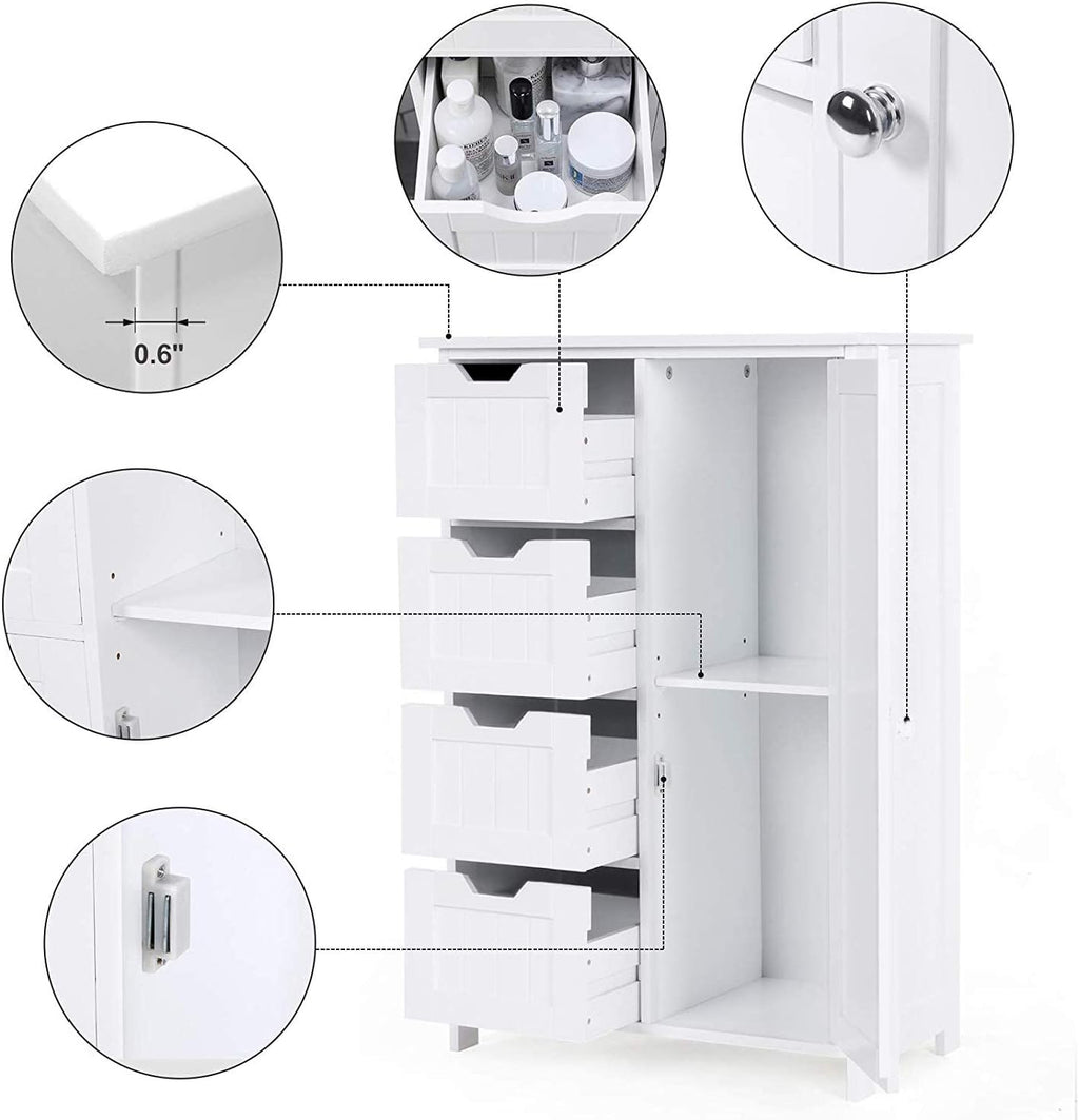 White Freestanding Bathroom Storage Cabinet with 4 Drawers and 1 Door U85601