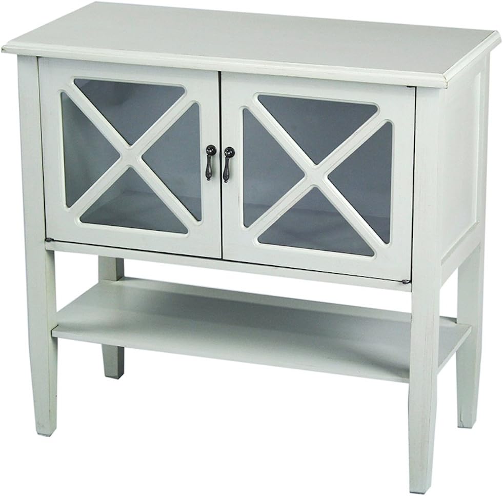 2 Door Accent Console Cabinet with X Pane Glass Insert and Bottom Shelf Seafoam Green W5662