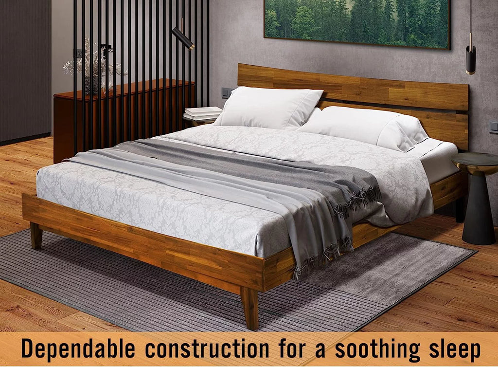 14 Inch Wood Platform Bed with Headboard Queen Size Caramel B5699