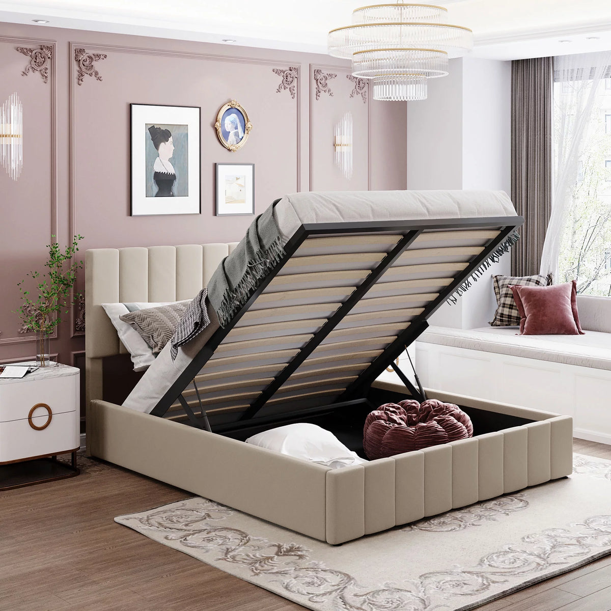 Upholstered Platform Bed Frame with Hydraulic Storage M431