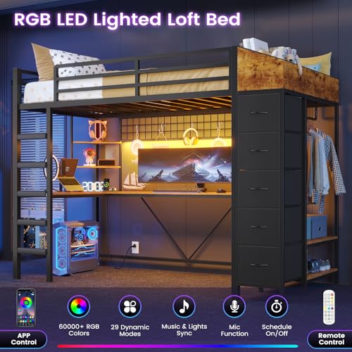 Twin Size Black Metal Loft Bed with Desk and Drawers X52344
