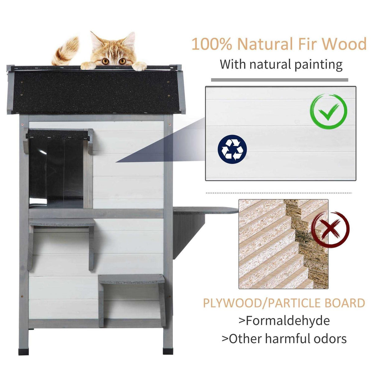 Wooden 2-Story Outdoor Cat House with Escape Door Q739881