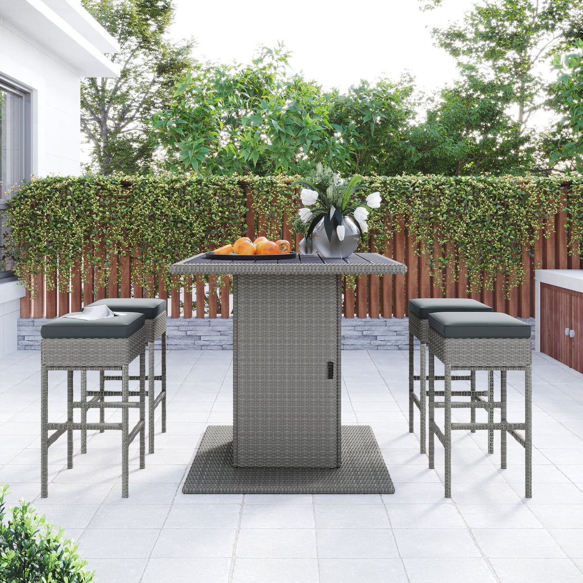 5 Piece Counter Height PE Rattan Patio Dining Set with Storage Table and Cushions O833821