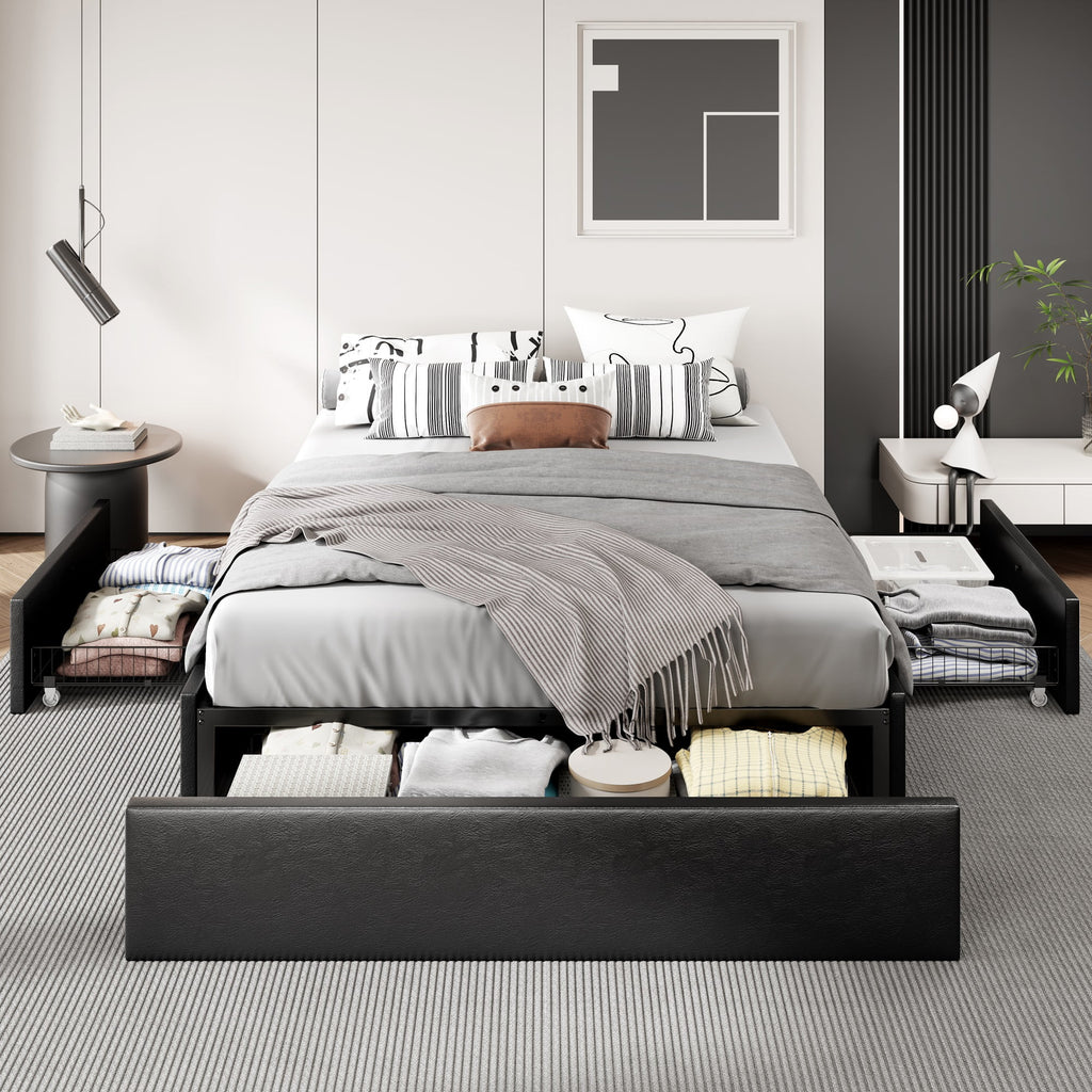 Dark Grey Queen Size Platform Bed Frame with 3 Storage Drawers S4436