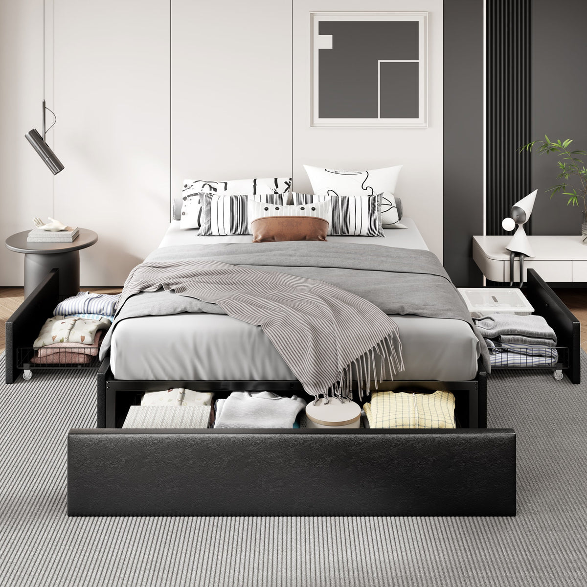 Dark Grey Queen Size Platform Bed Frame with 3 Storage Drawers S4436
