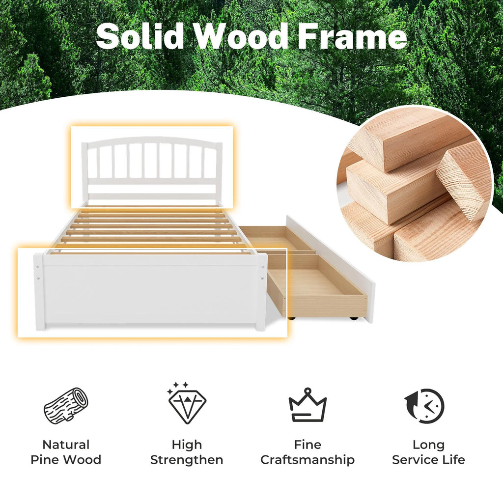 White Wood Twin Size Platform Bed with 2 Drawers F17633
