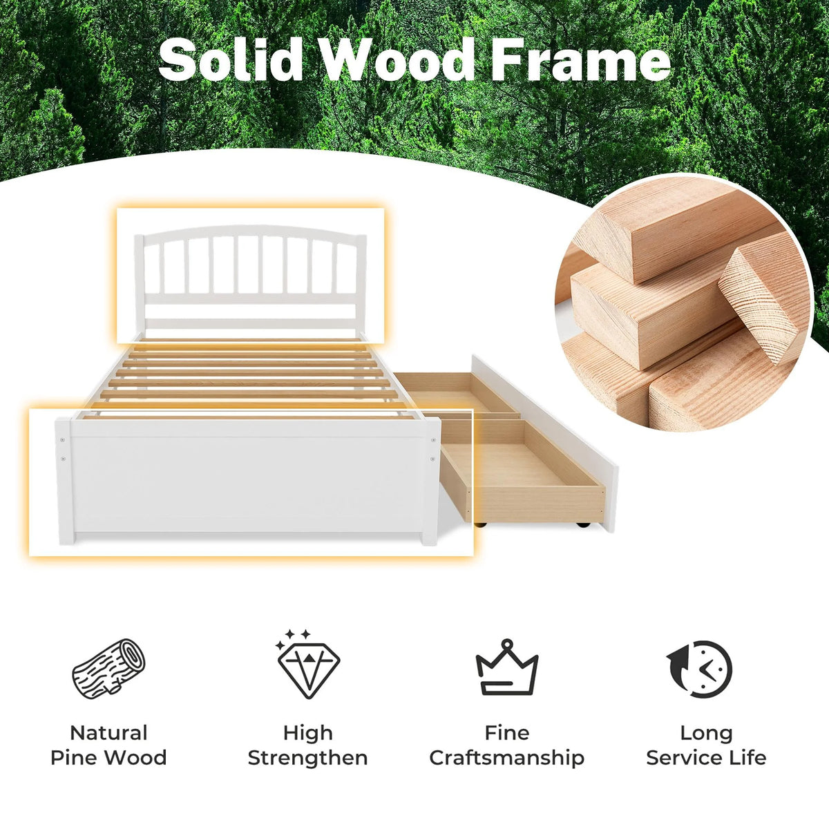 White Wood Twin Size Platform Bed with 2 Drawers F17633