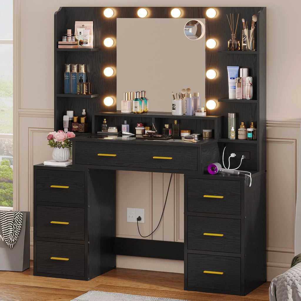Black Glass Top Vanity Desk with Mirror and Lights P199905
