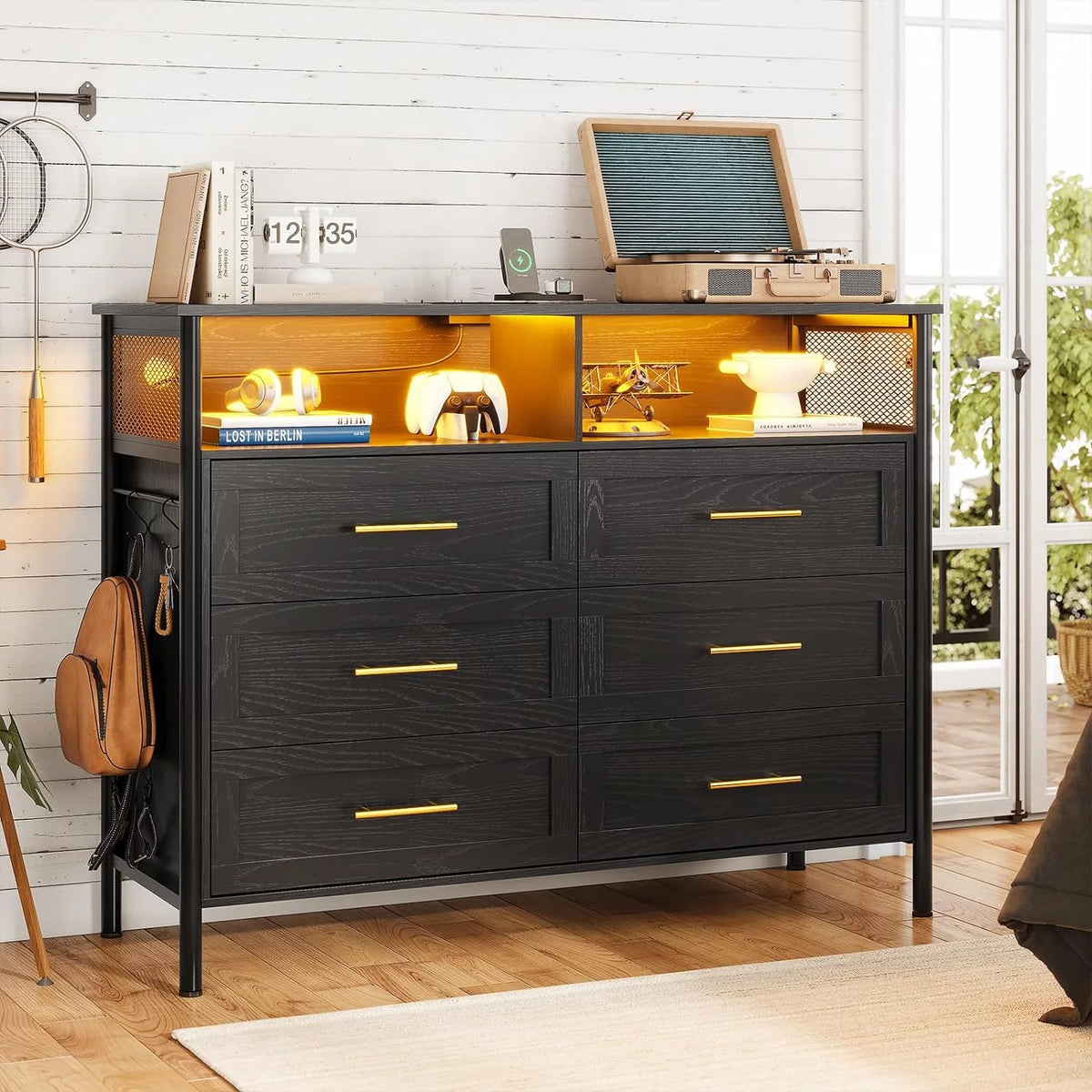 Black 6 Drawer LED Wood Dresser with Charging Station P912