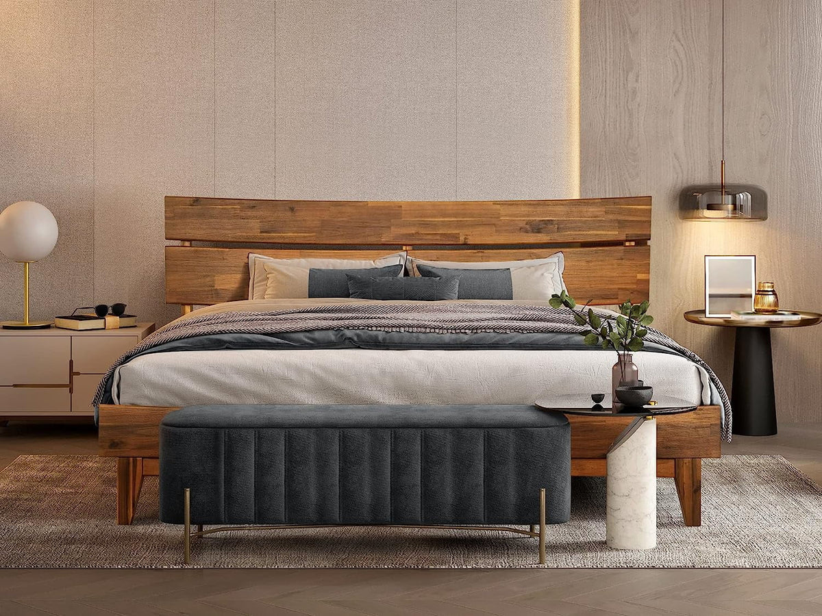 14 Inch Wood Platform Bed with Headboard Queen Size Caramel B5699