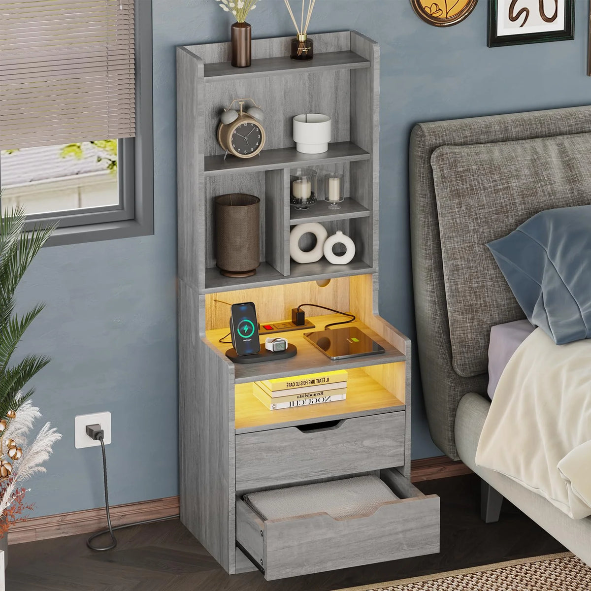 Set of 2 Gray Nightstand with Charging Station and 2 Drawers Y161604