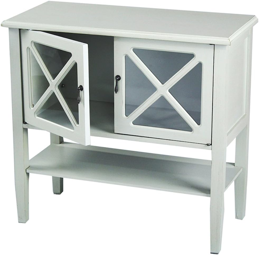 2 Door Accent Console Cabinet with X Pane Glass Insert and Bottom Shelf Seafoam Green W5662