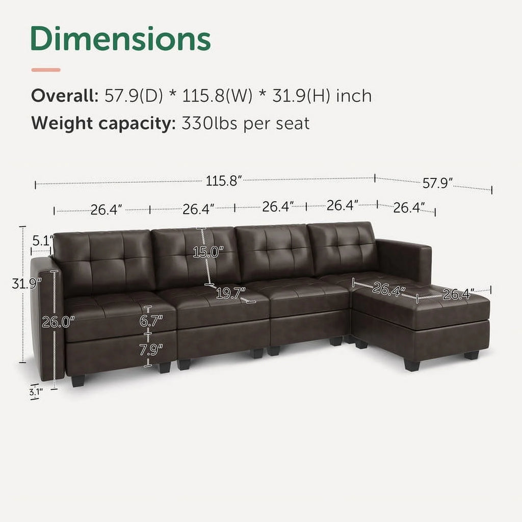 Brown Faux Leather L-Shaped Sectional Sofa with Storage M128119