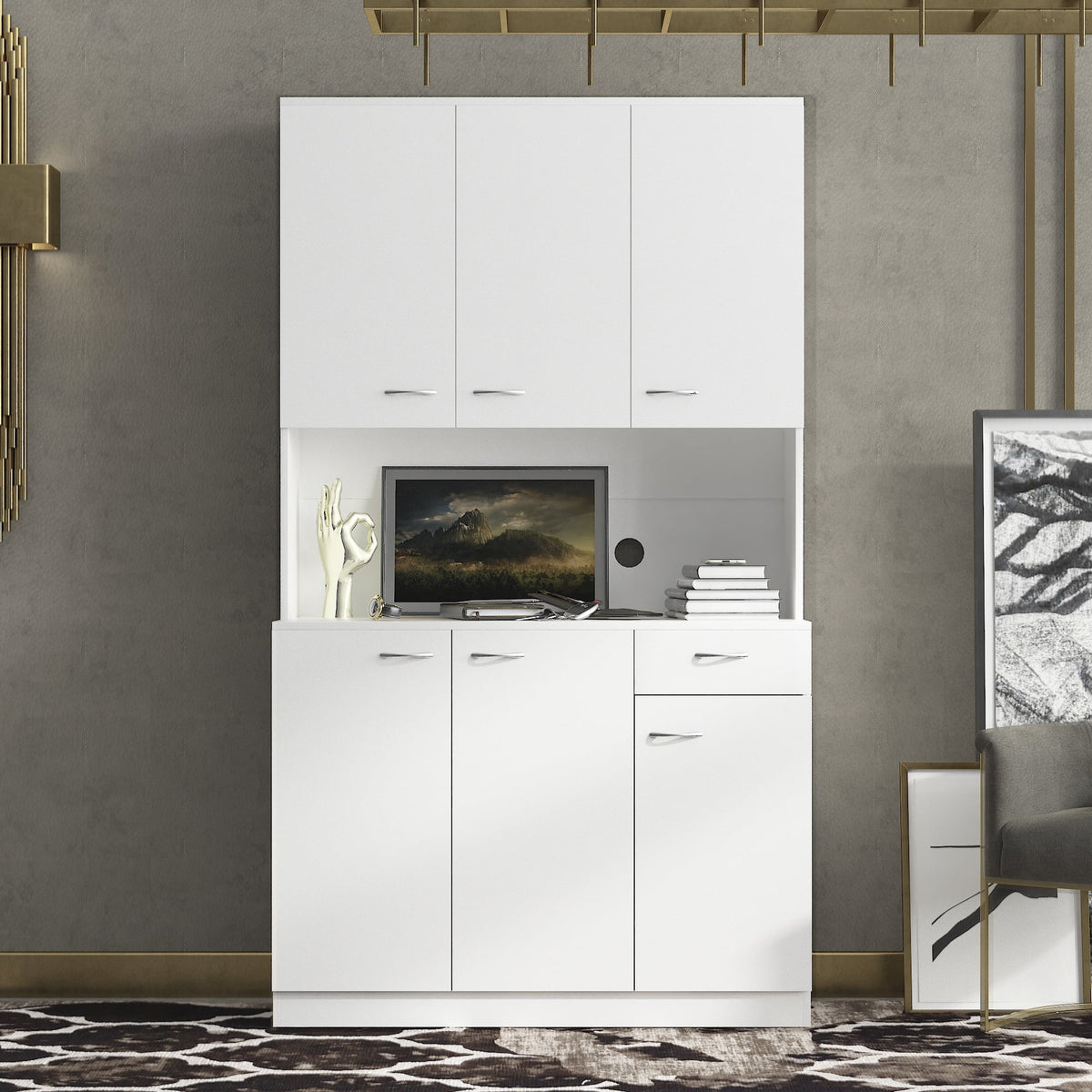 White Kitchen Pantry Cabinet with 6 Doors and 1 Drawer O686