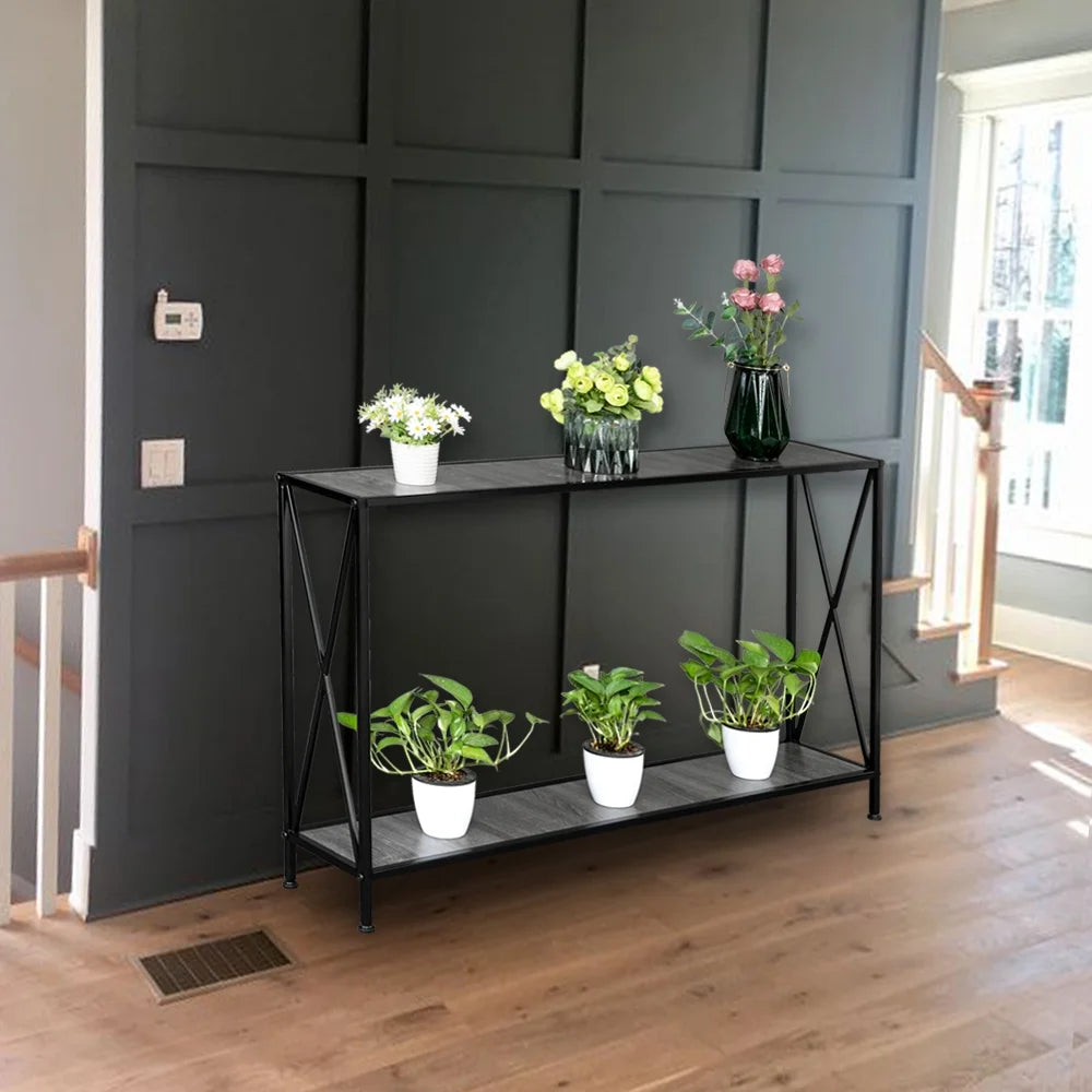 Gray 2-Tier Wood Console Table with Storage Shelf C9889
