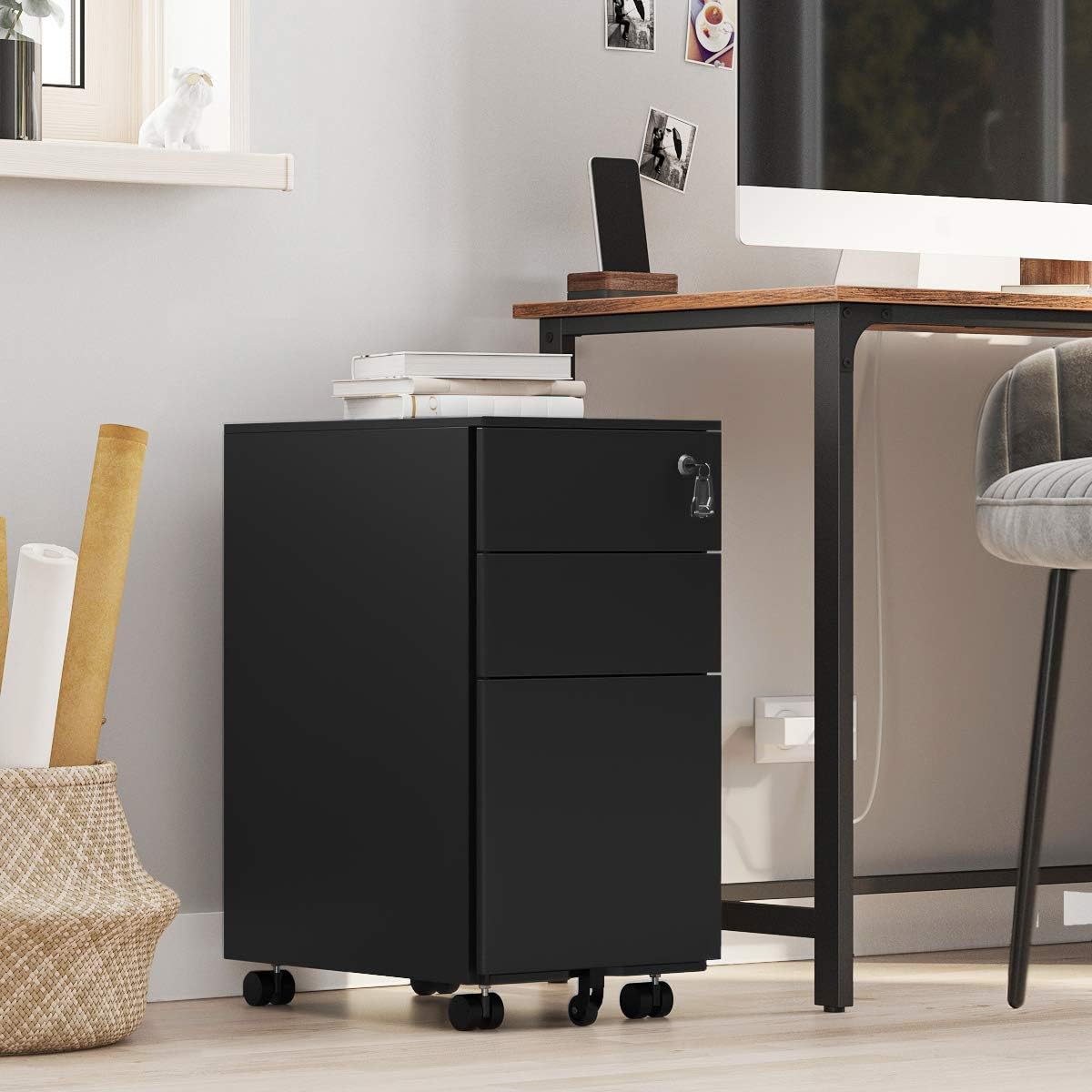 Black 3 Drawer Steel File Cabinet with Lock P4984