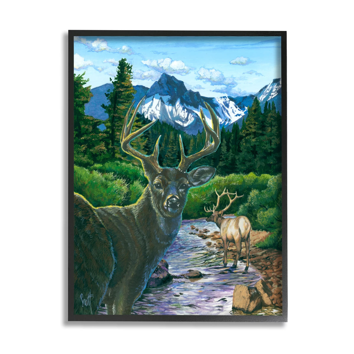 Deer in Mountain Scenery Black Framed Art Print V320