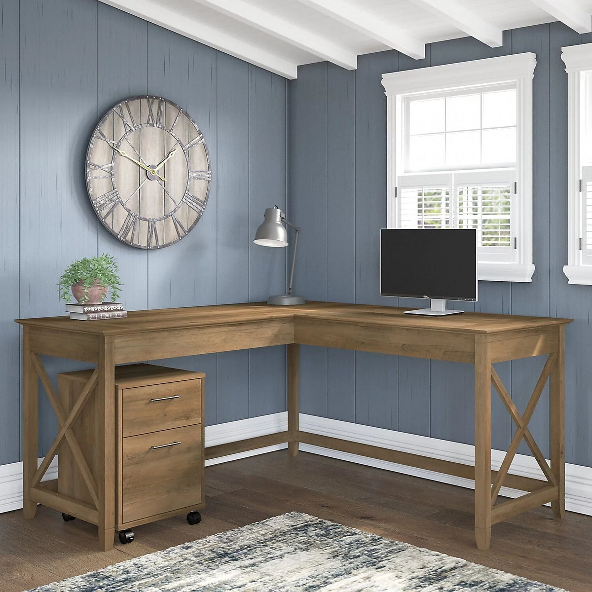 L Desk with Mobile File Cabinet in Reclaimed Pine Engineered Wood K779477