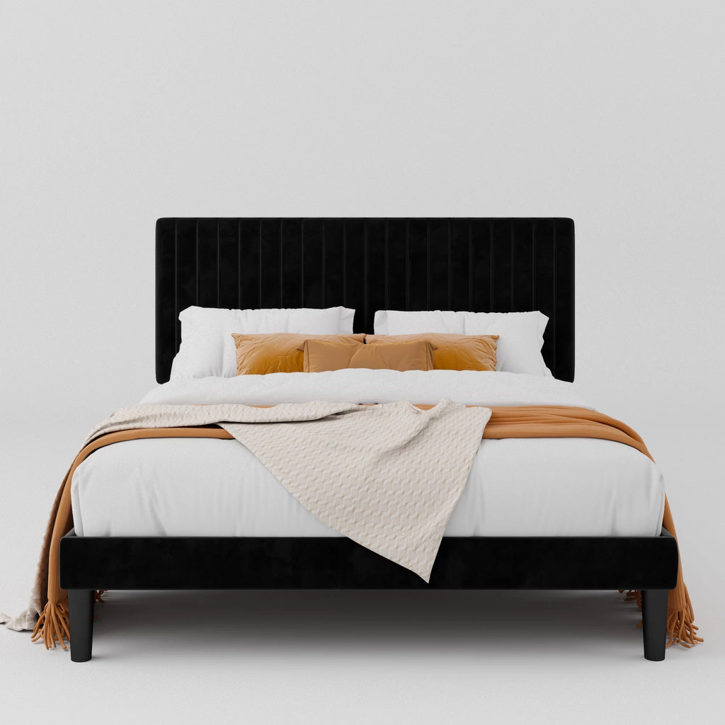 Queen Size Black Velvet Upholstered Platform Bed Frame Y905538