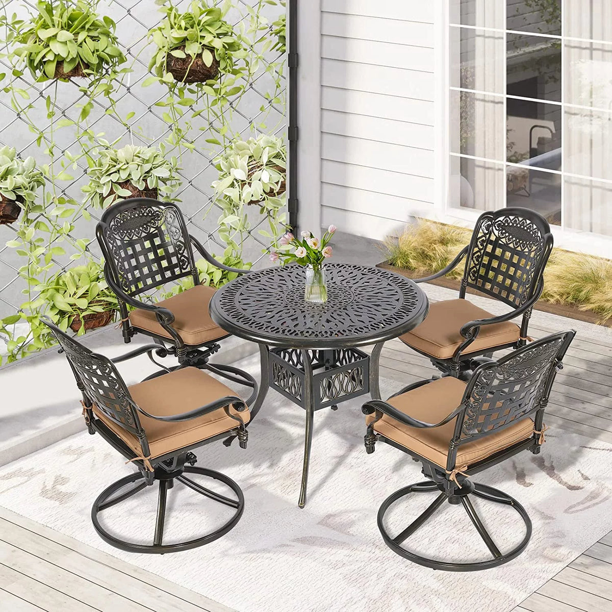5 Piece Cushioned Swivel Rocking Patio Dining Set with 35.2" Round Table R8616
