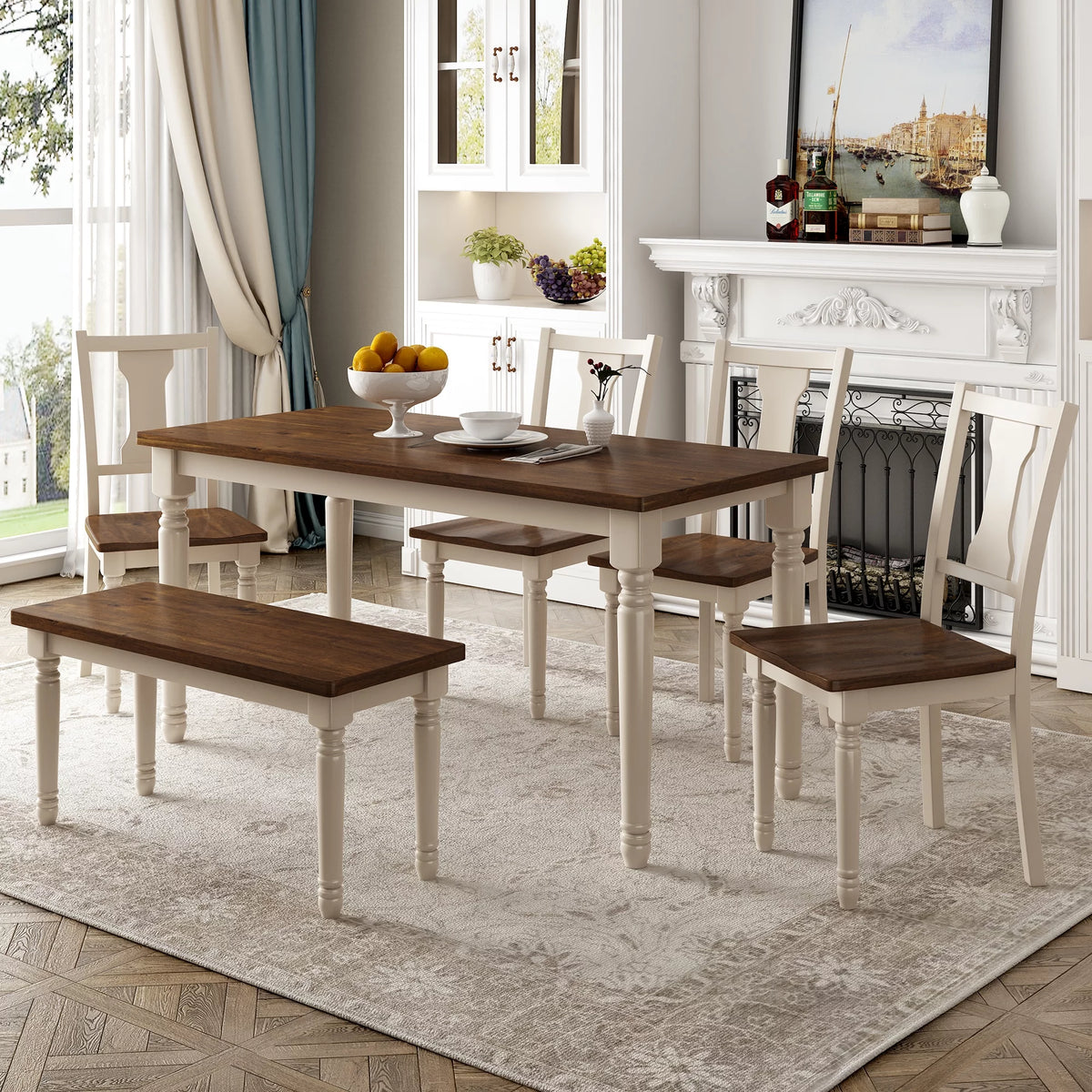 6-Piece Wooden Dining Table and 4 Chairs with Bench G498