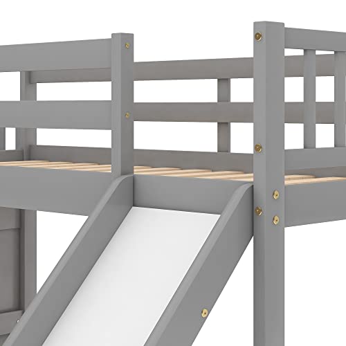 Twin Over Twin Wood Bunk Bed with Slide and Storage Drawers N2297