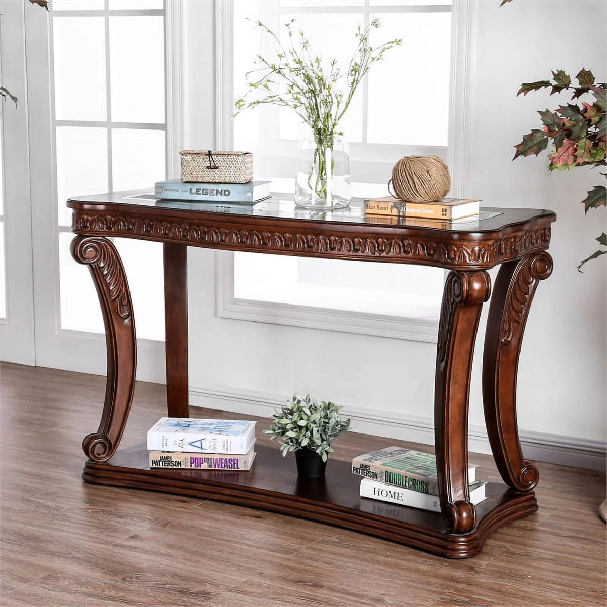 Dark Oak Wood Open Shelf Sofa Table P656