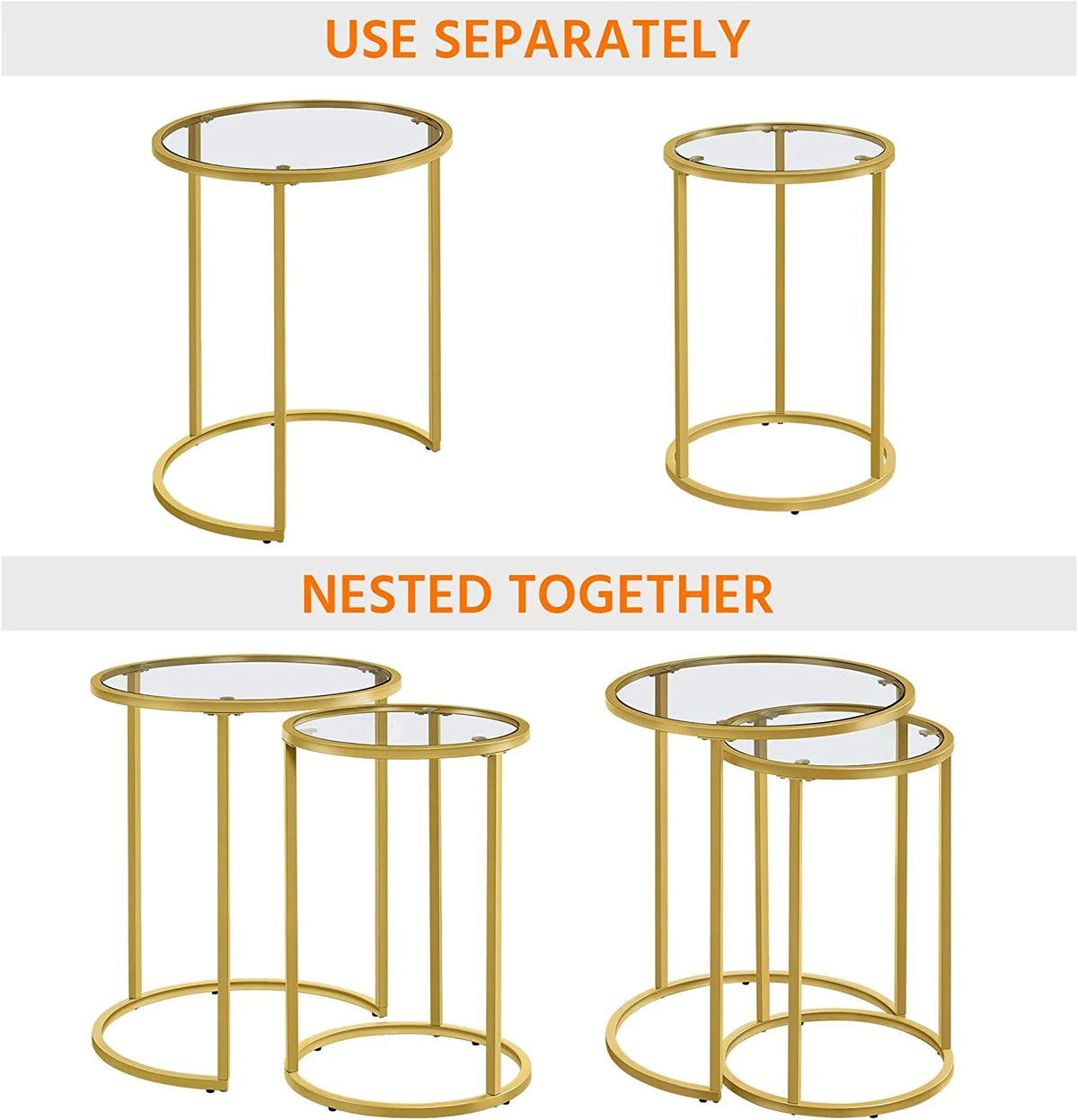 Set of 2 Round Nesting Side Table Metal Frame Tempered Glass B482319