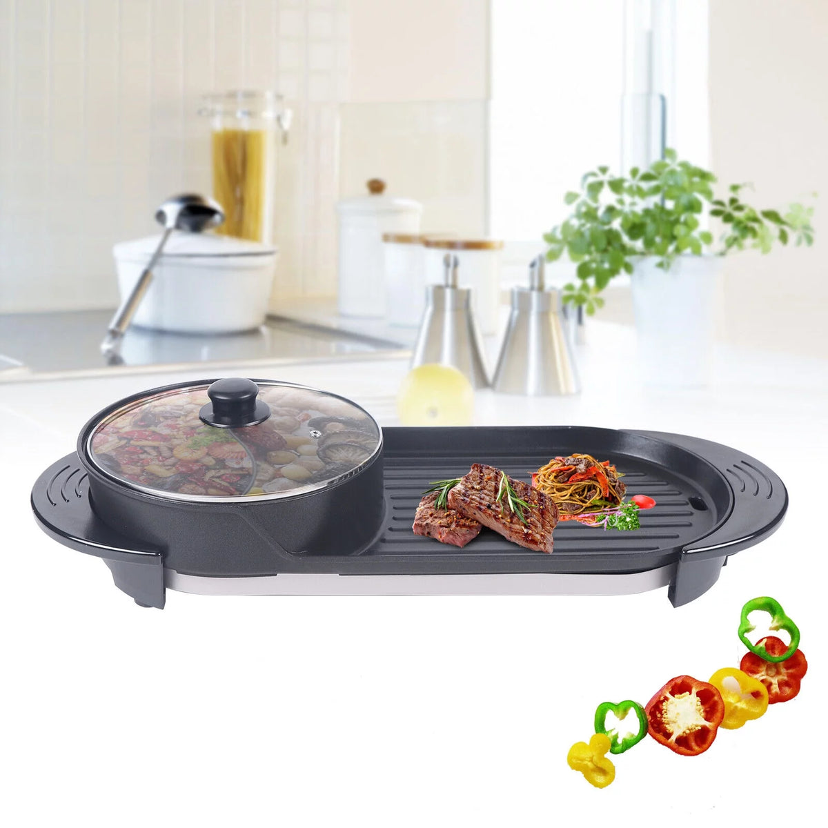 Electric Hot Pot Teppanyaki Non-Stick Barbecue Pan Grill 26.77in Black T19631