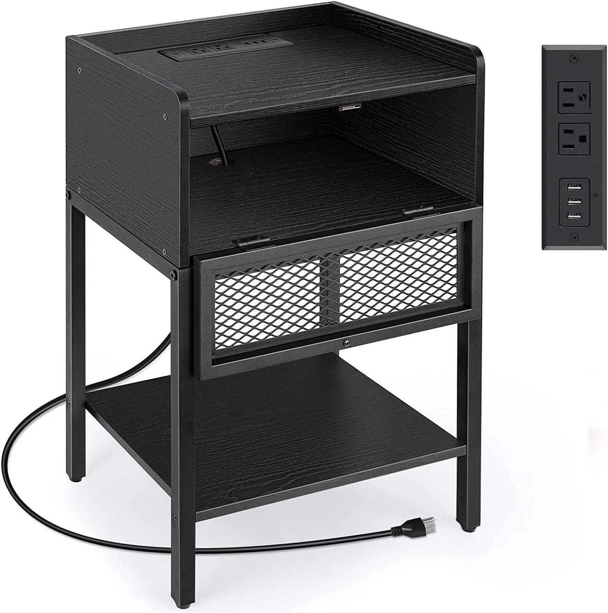 Black Nightstand with Charging Station and Drawers Y81677