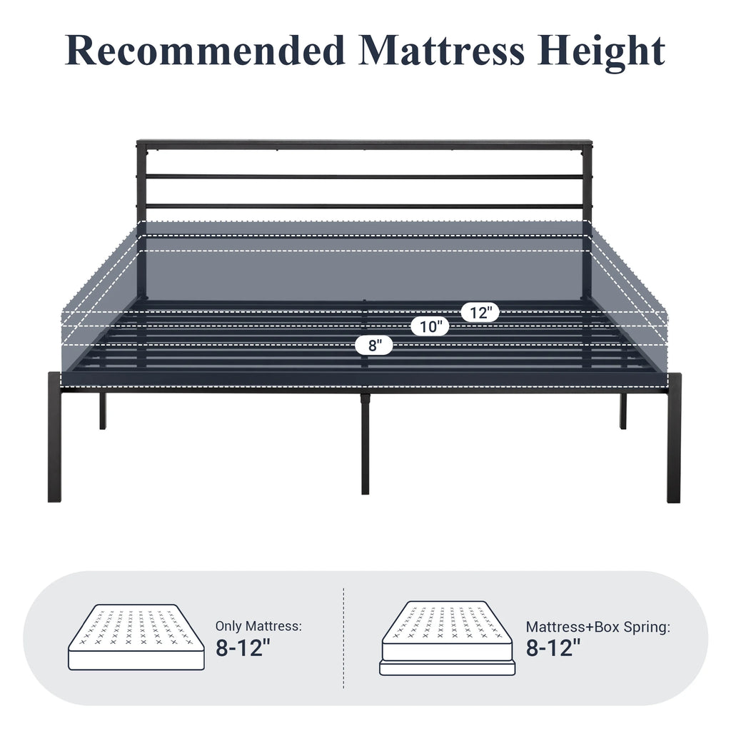 Queen Size Metal Platform Bed Frame with Shelf Headboard D286