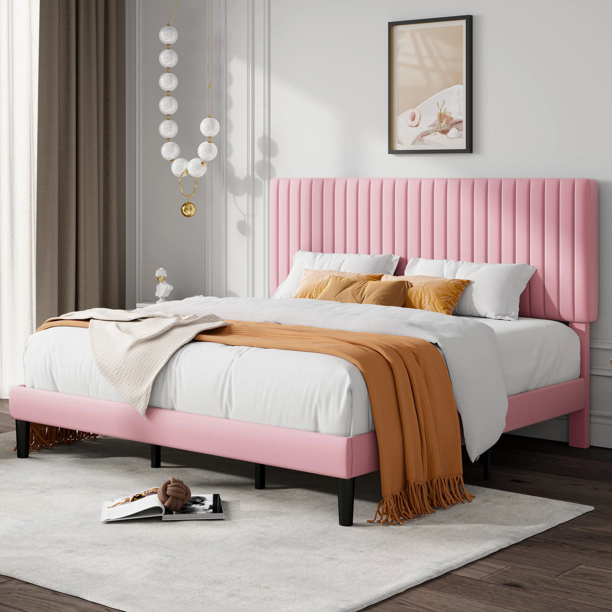 Queen Size Black Velvet Upholstered Platform Bed Frame Y905538