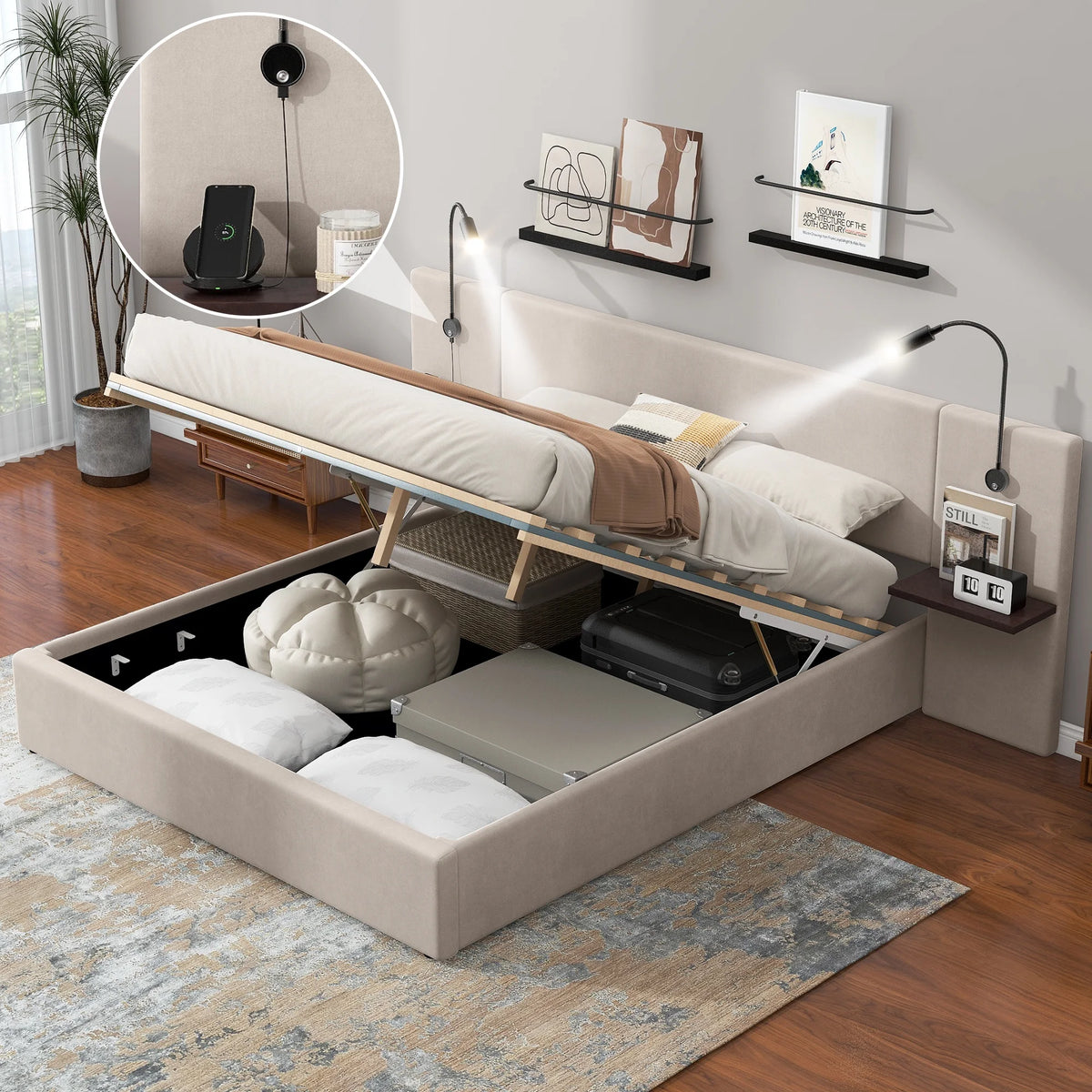 Beige Full Size Upholstered Hydraulic Platform Bed with 2 Shelves B159461
