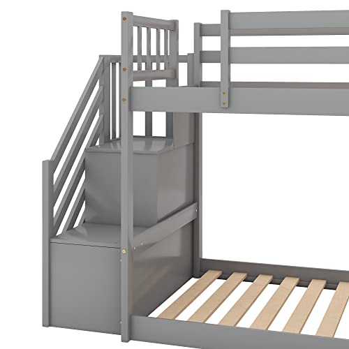 Twin Over Twin Wood Bunk Bed with Slide and Storage Drawers N2297