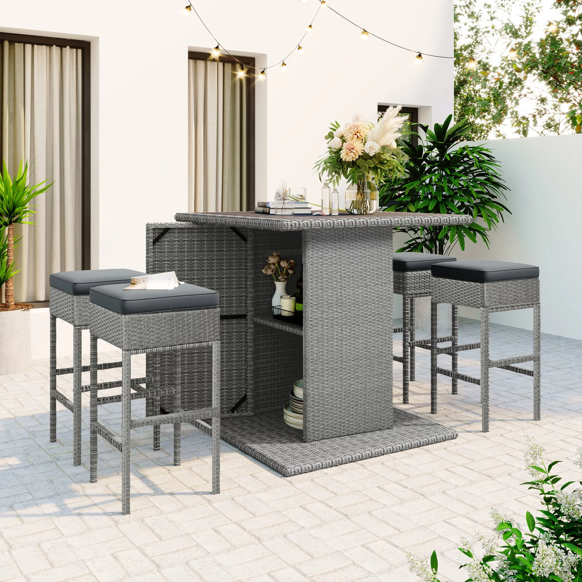 5 Piece Counter Height PE Rattan Patio Dining Set with Storage Table and Cushions O833821