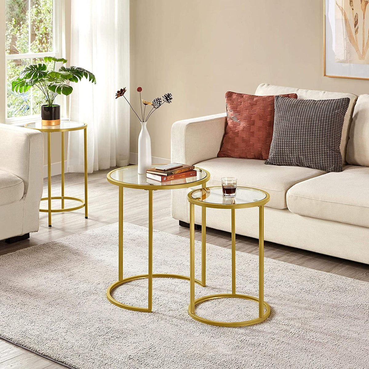 Set of 2 Round Nesting Side Table Metal Frame Tempered Glass B482319