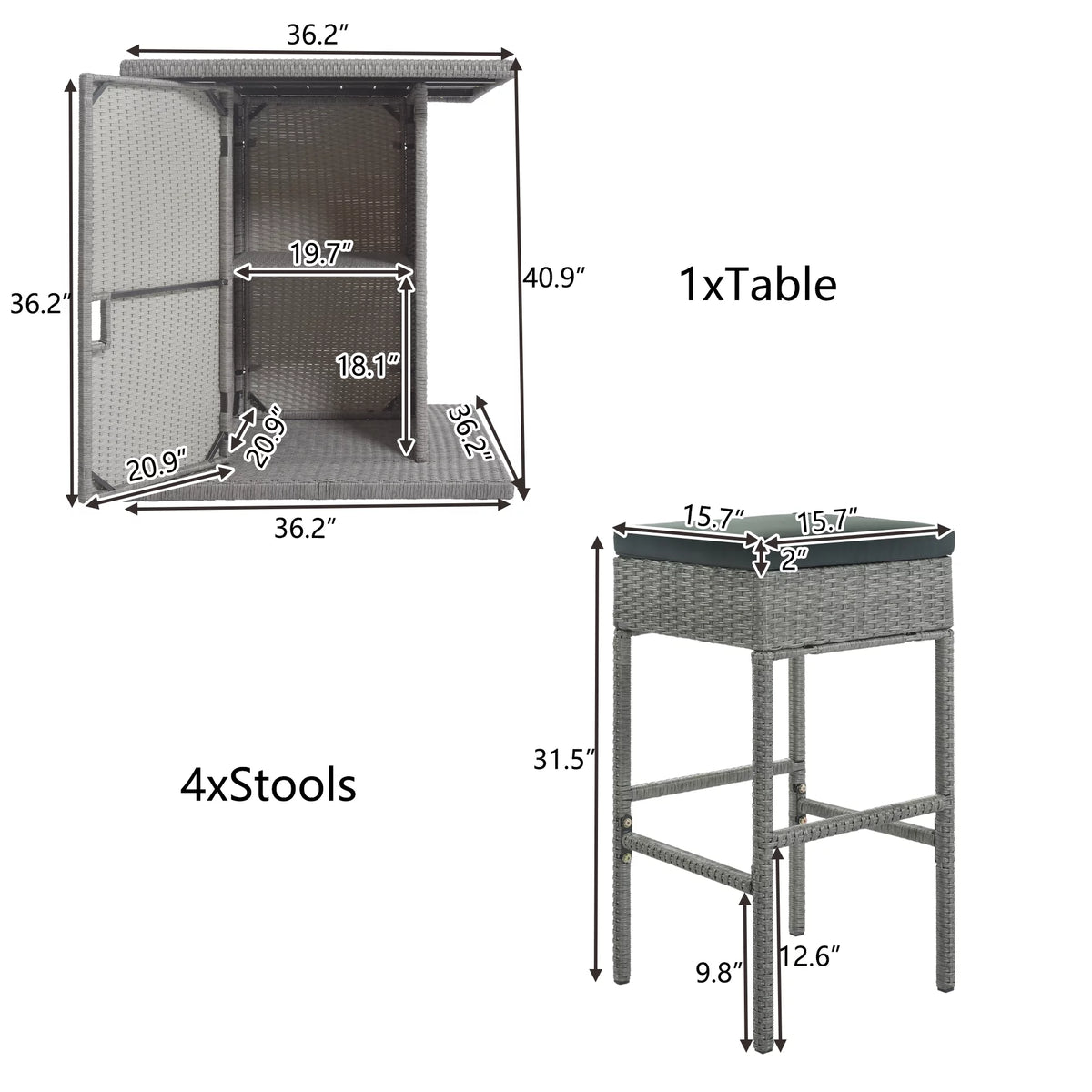 5 Piece Counter Height PE Rattan Patio Dining Set with Storage Table and Cushions O833821