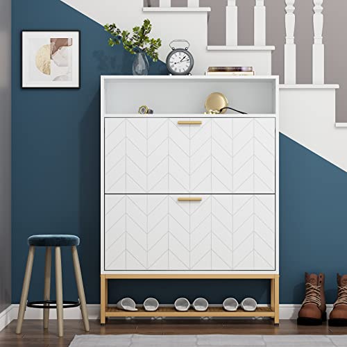 Grey Shoe Cabinet with 2 Flip Drawers L41354