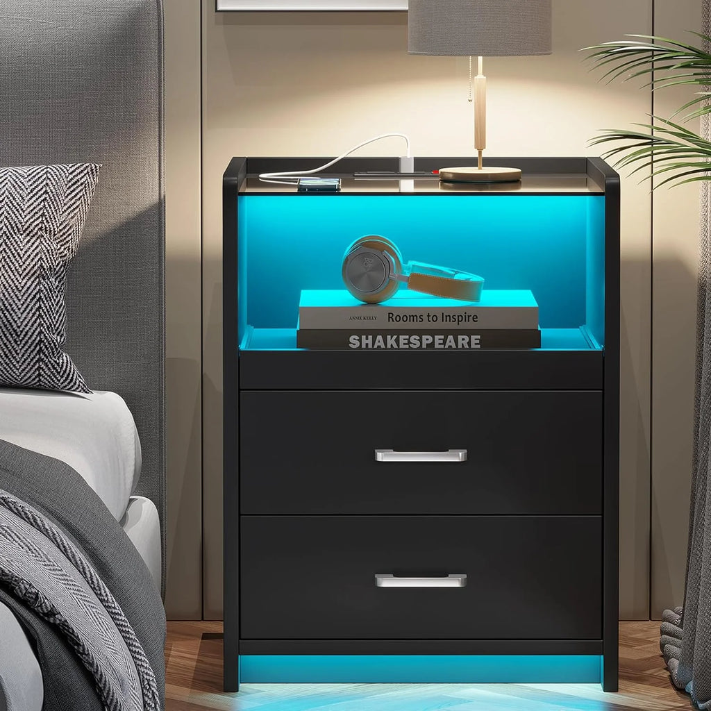 Black LED Nightstand with Charging Station, 2 Drawers P916
